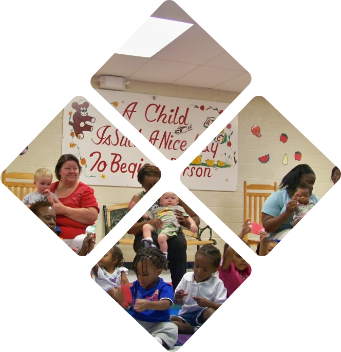 Kids sitting on the mate and some kids with their parents on the chairs